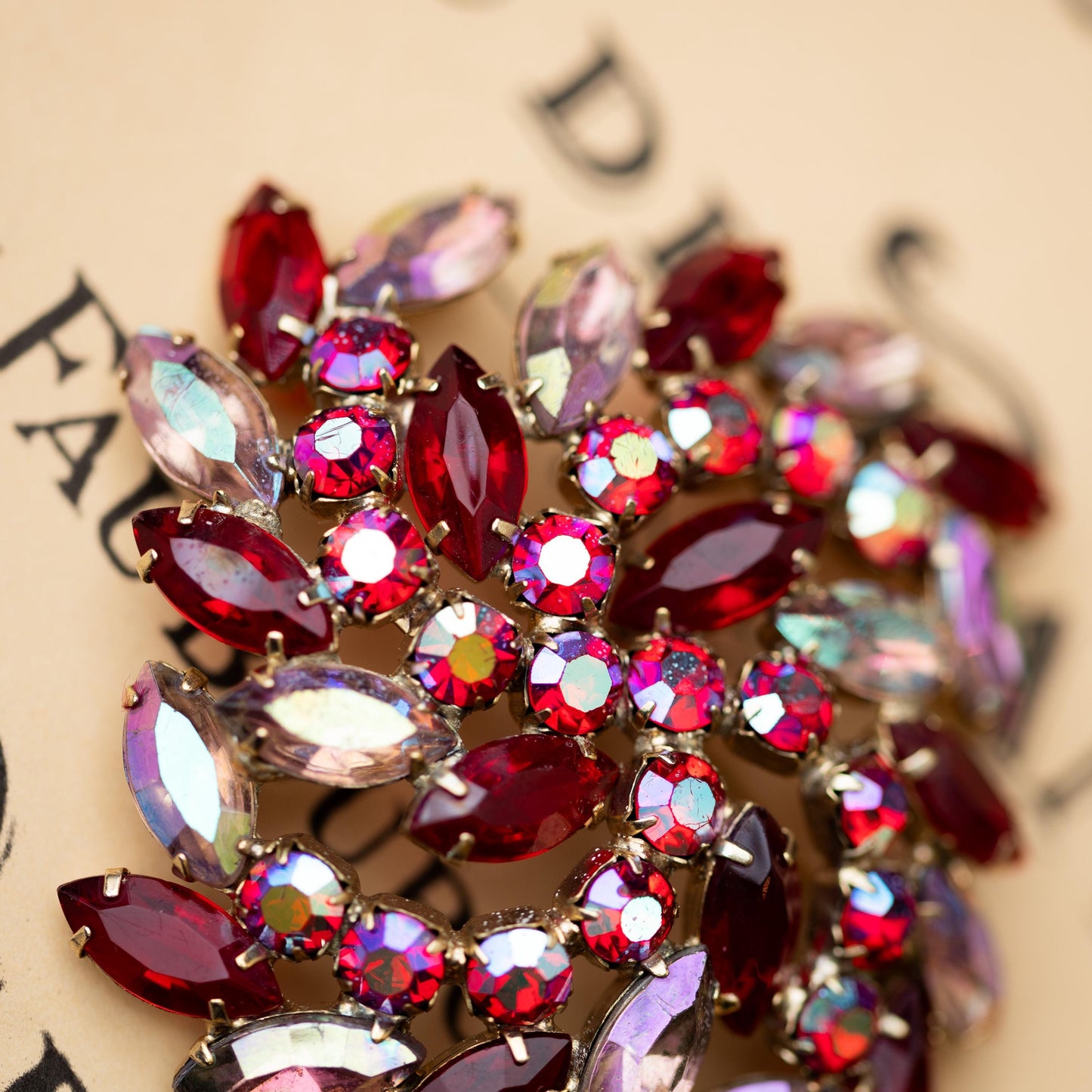 Vintage Brooch Rhinestone Red AB Gold Tone  Estate Jewelry