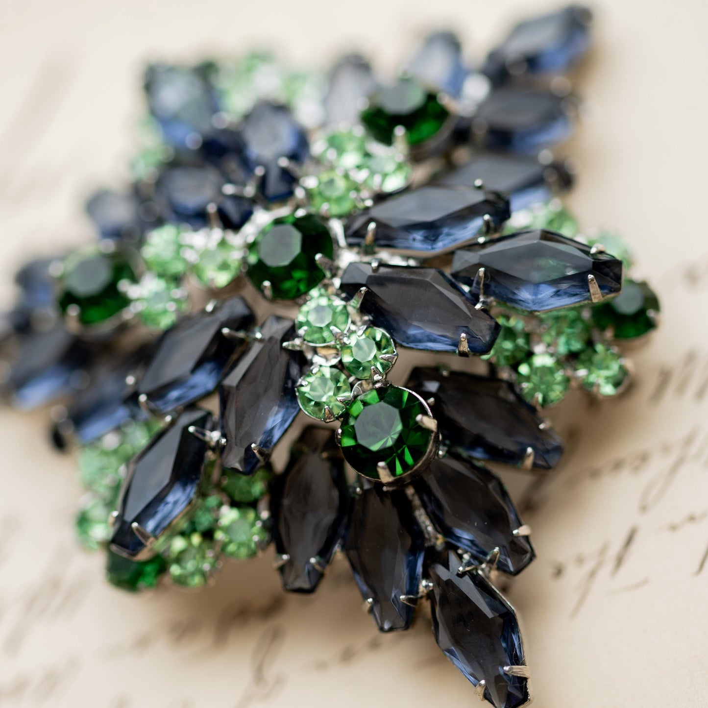 Vintage Brooch Blue Green Rhinestone Silver Tone Verified Juliana