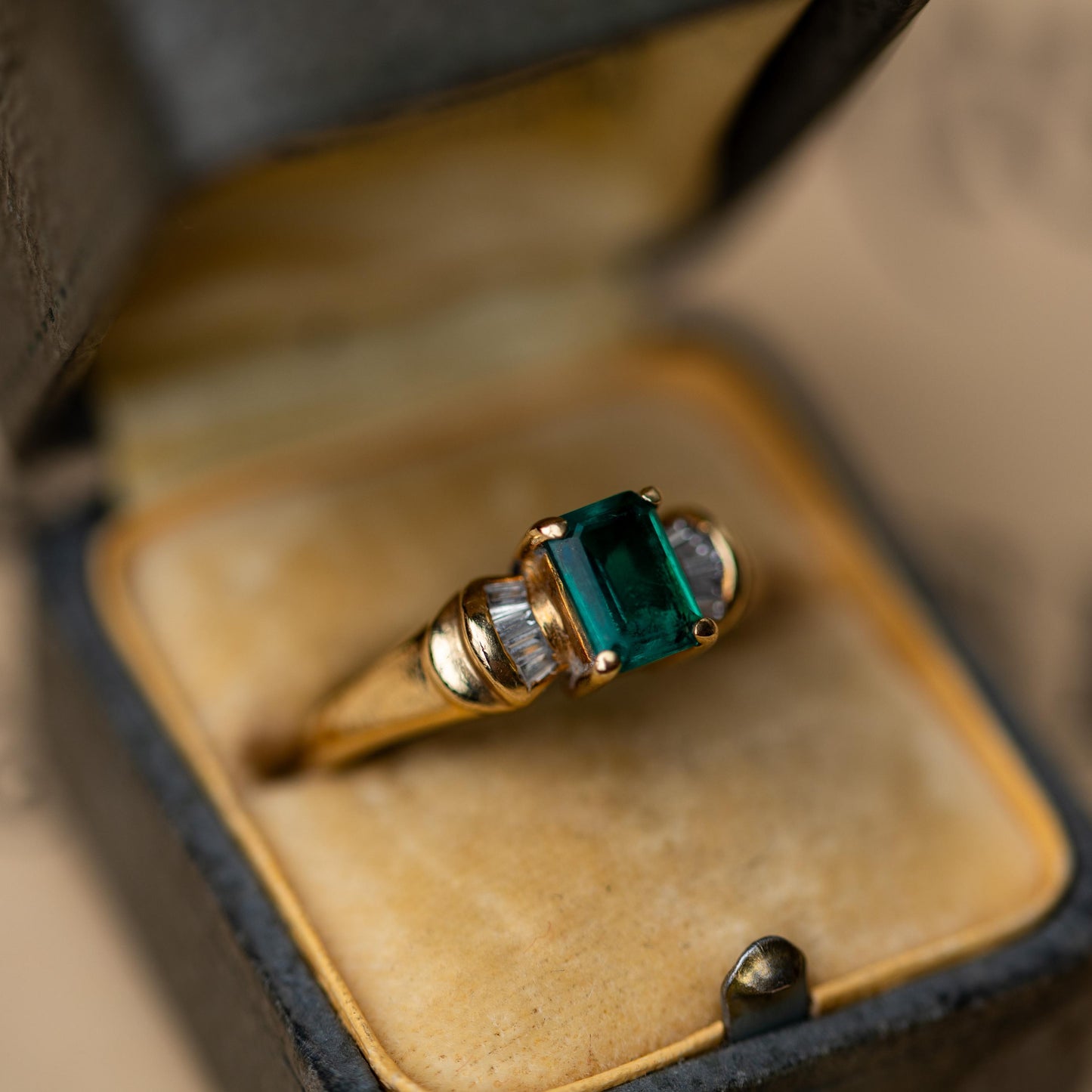 Ostby & Barton OB Signed 10k Gold Art Deco Emerald Diamond Ring