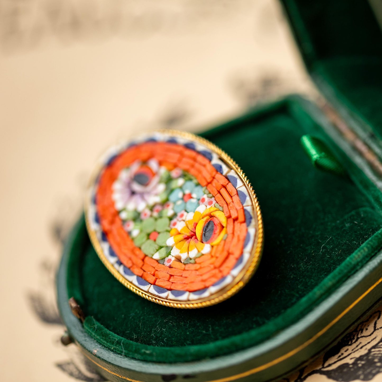 Vintage Jewelry Micro Mosaic Brooch Orange Floral Gold Tone Signed Italy Estate