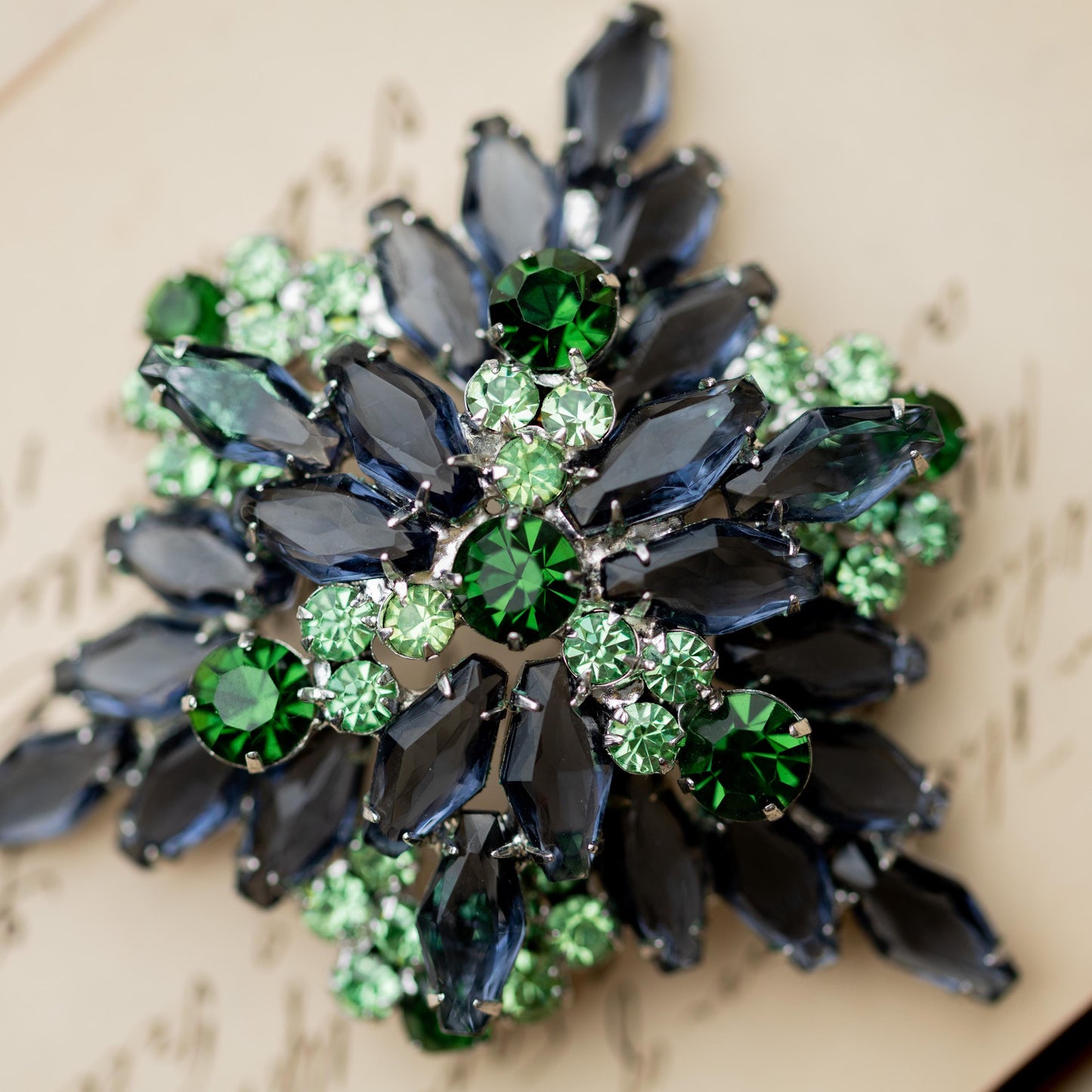 Vintage Brooch Blue Green Rhinestone Silver Tone Verified Juliana