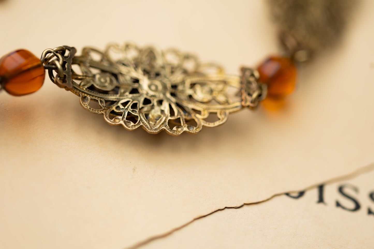Vintage Jewelry Czech Amber Glass Filigree Brass Bracelet