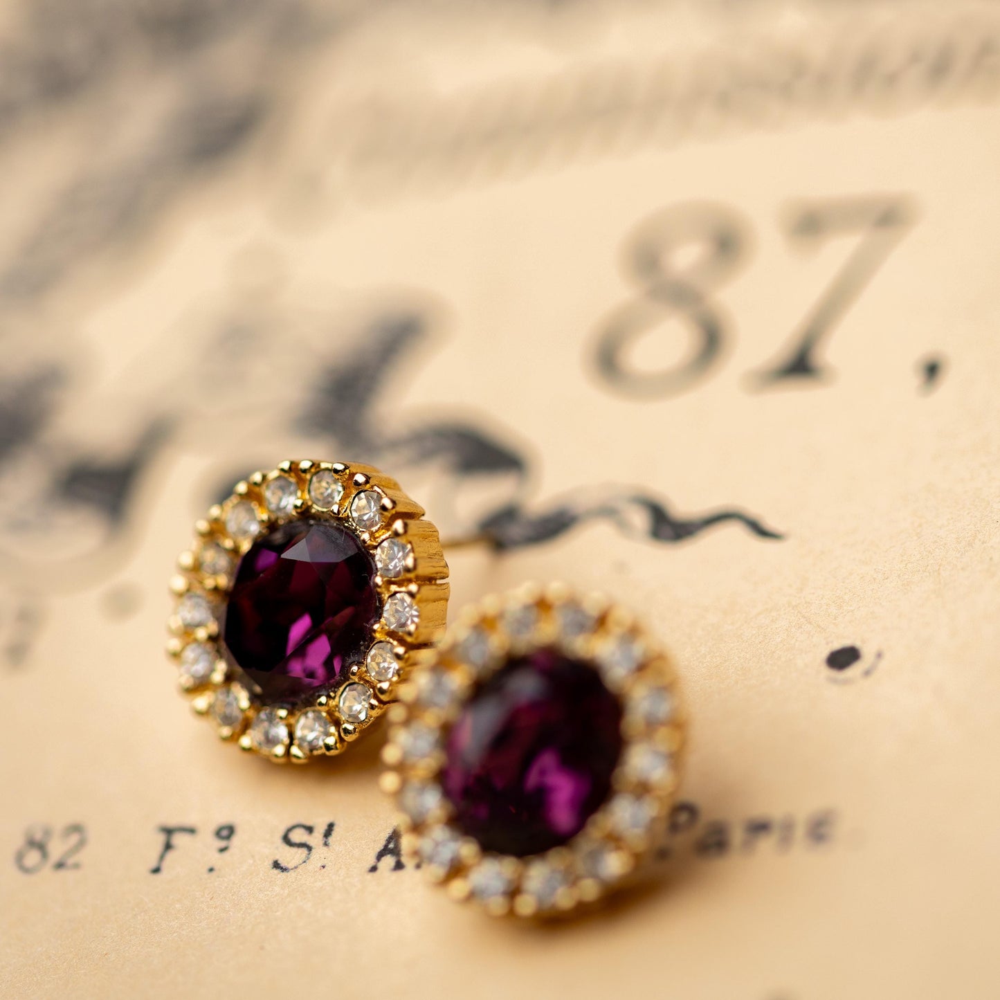 Vintage Earrings Christian Dior - Gold Tone Amethyst Rhinestone Estate Jewelry
