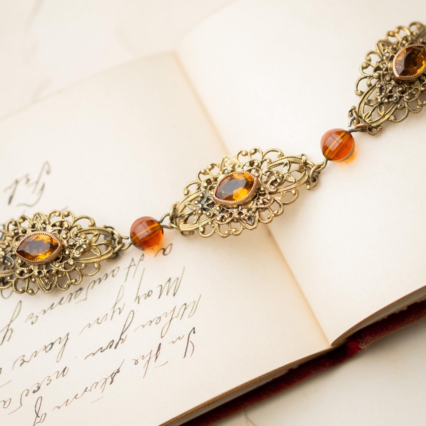 Vintage Jewelry Czech Amber Glass Filigree Brass Bracelet