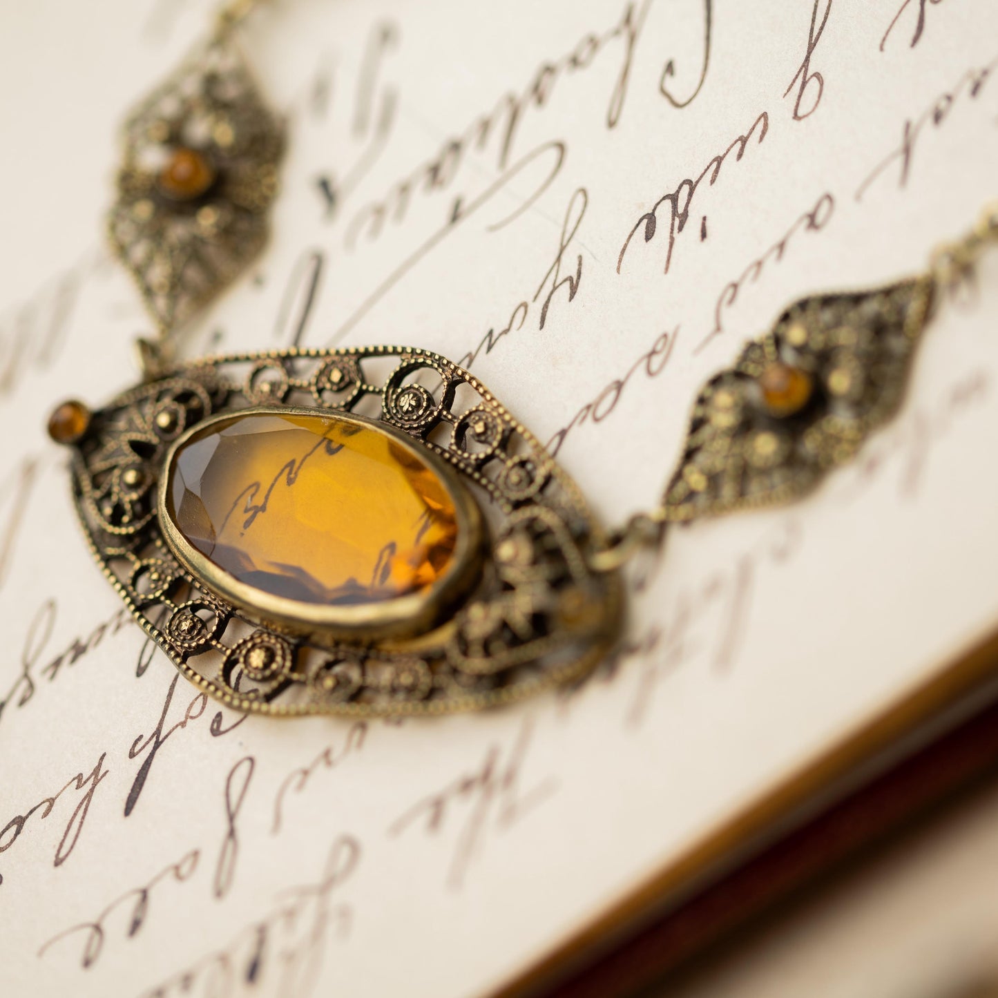Antique Necklace Czech Amber Glass Filigree Vintage Estate Jewelry