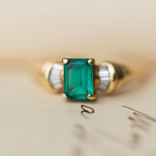 Ostby & Barton OB Signed 10k Gold Art Deco Emerald Diamond Ring