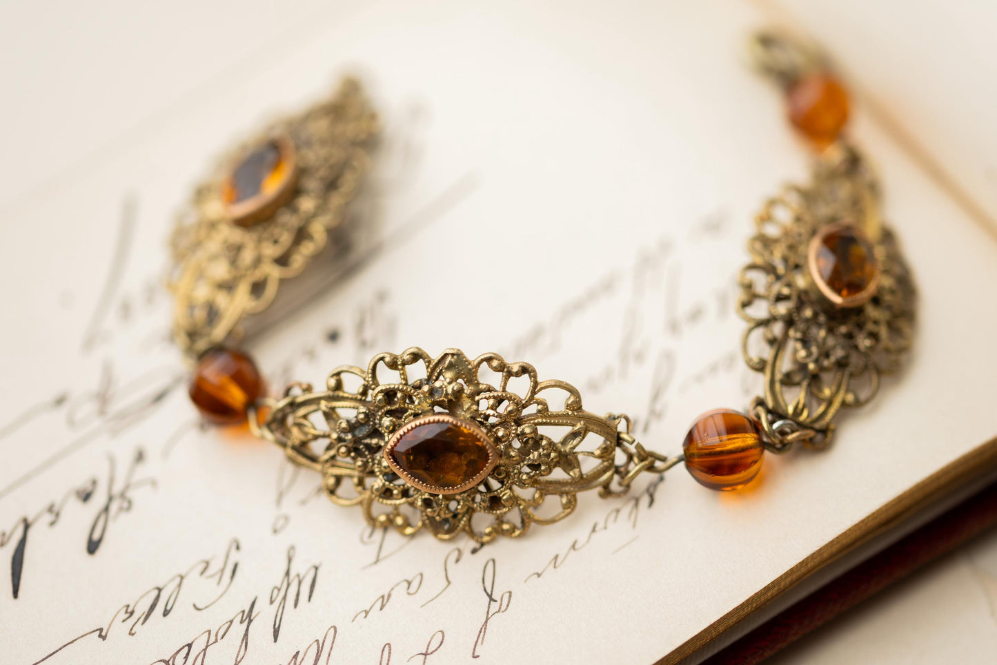 Vintage Jewelry Czech Amber Glass Filigree Brass Bracelet