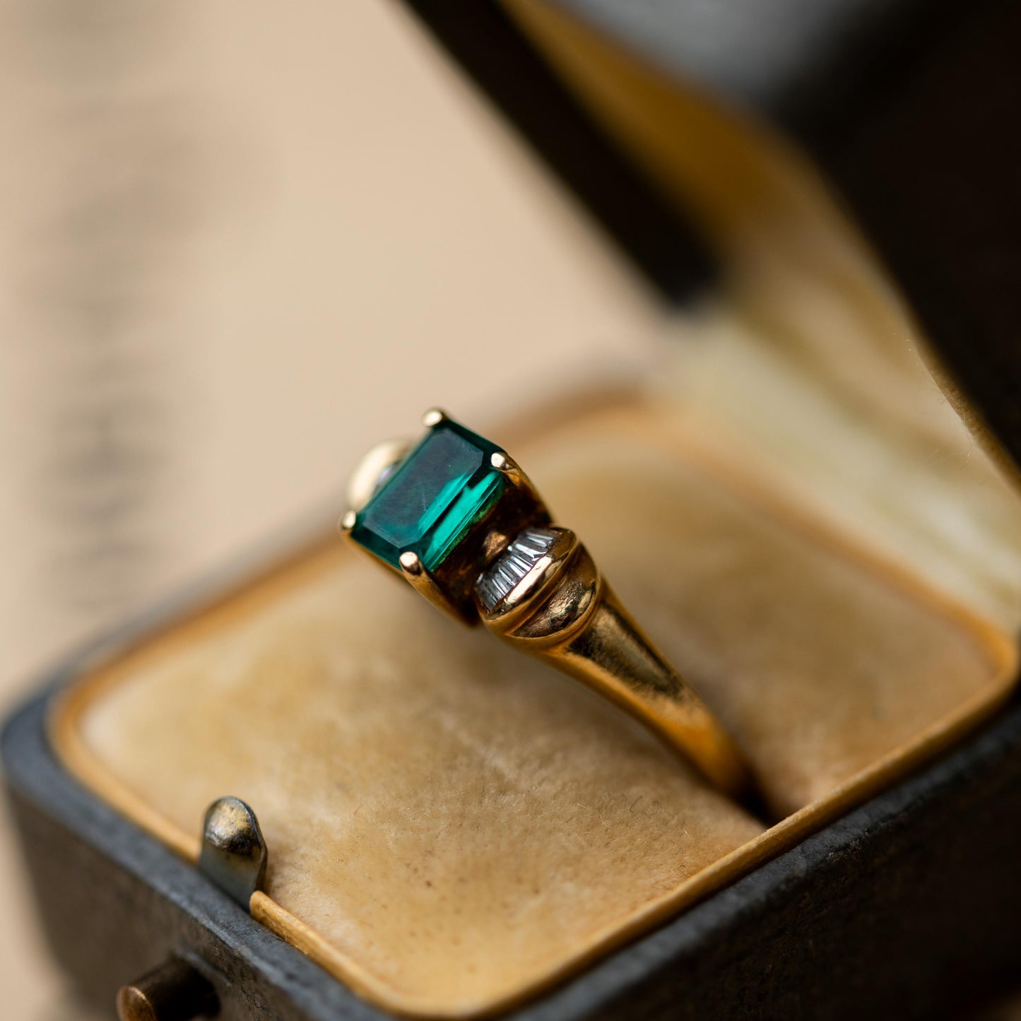 Ostby & Barton OB Signed 10k Gold Art Deco Emerald Diamond Ring