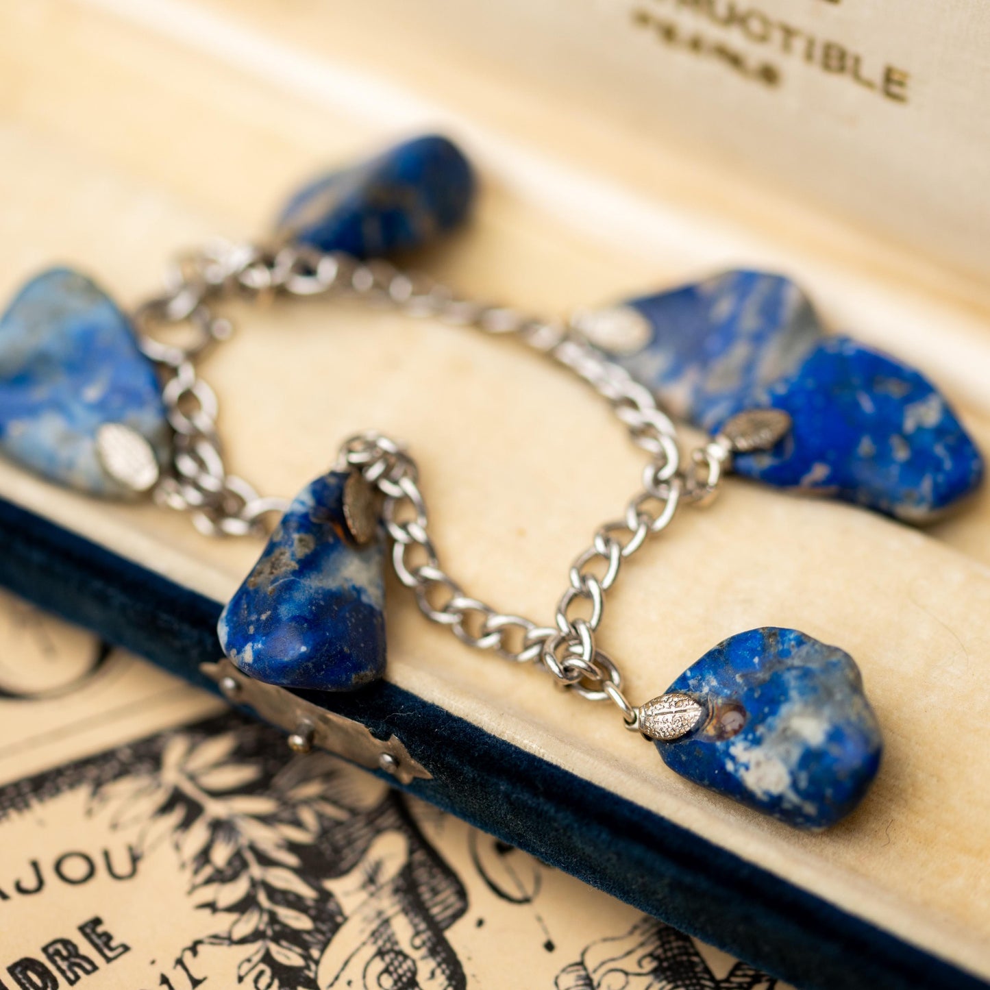 Sterling Charm Bracelet Silver 925 Lapis Lazuli Vintage Estate Jewelry