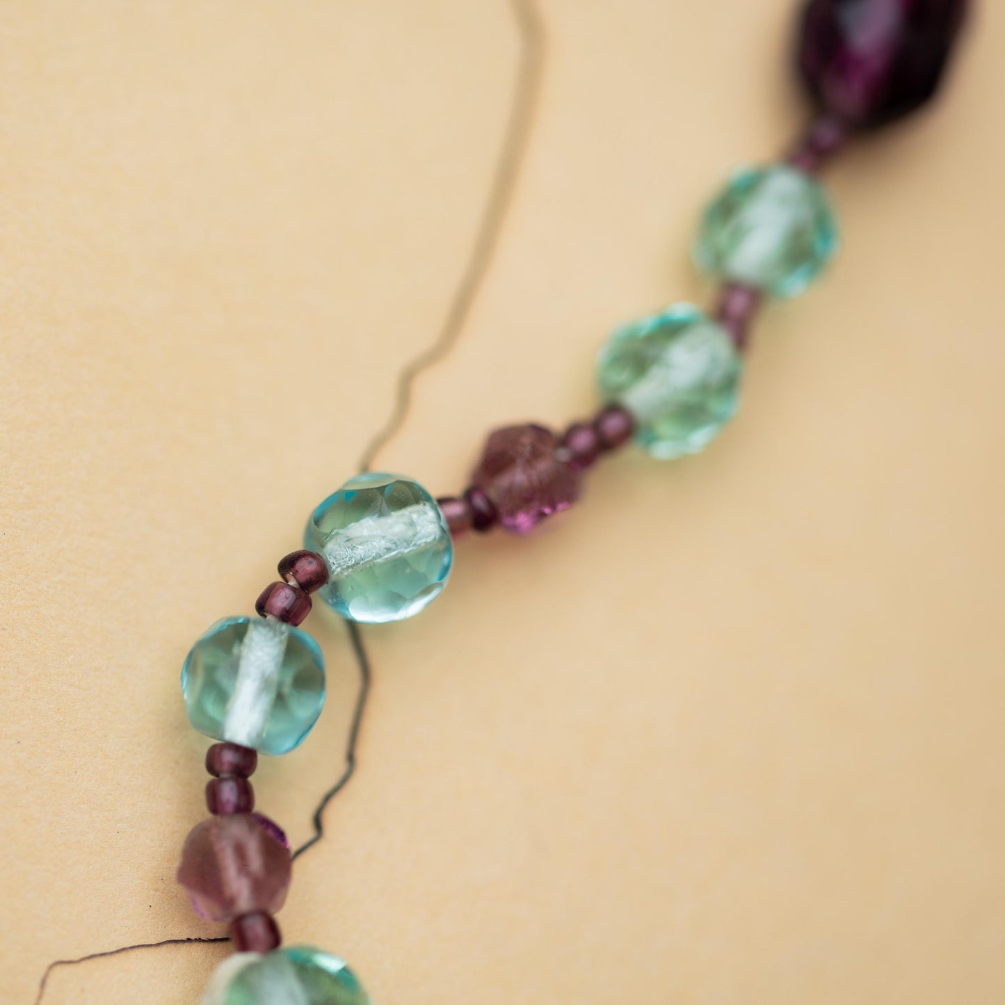 Vintage Jewelry Necklace Beaded Czech Purple Blue Glass Lariat Hand Knotted Estate
