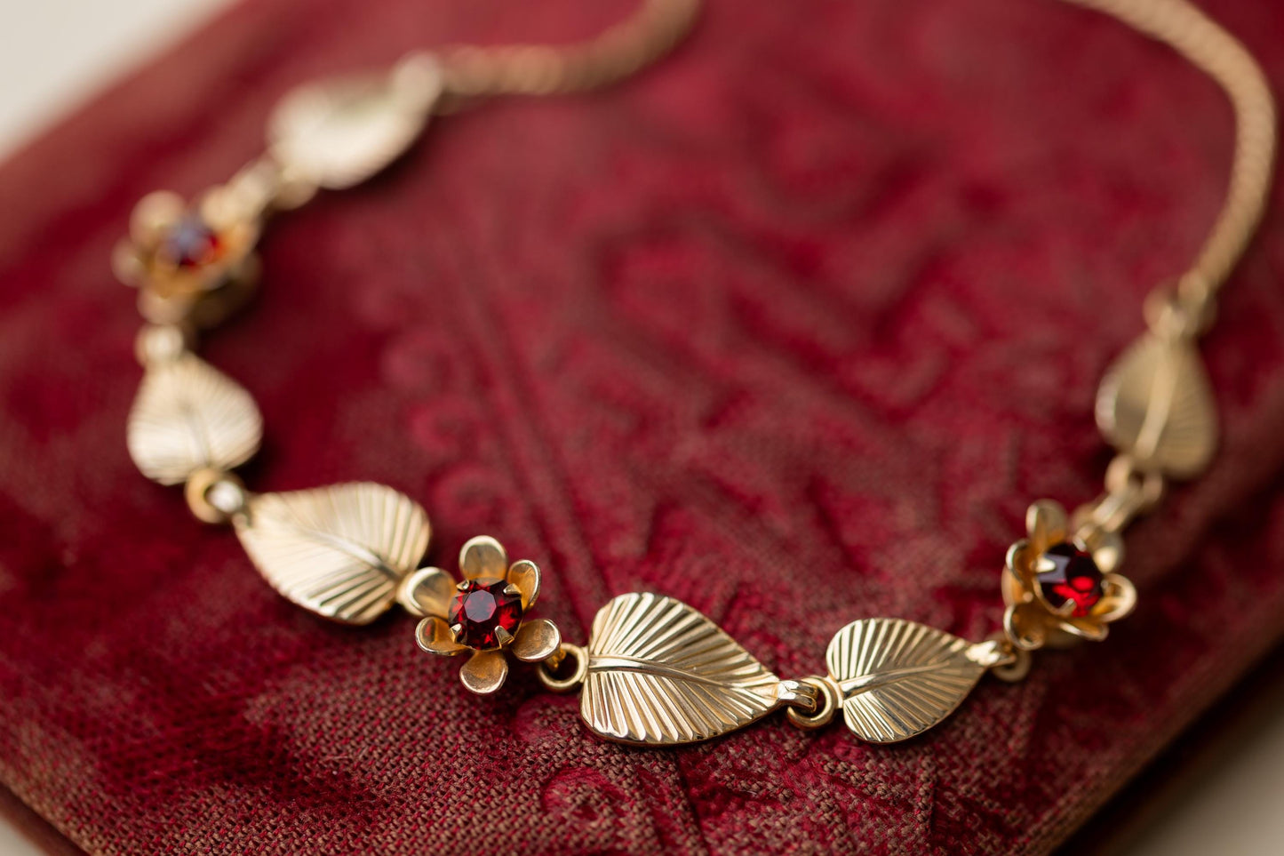 Gold Filled Necklace Red Rhinestone 1950s Vintage Estate Jewelry