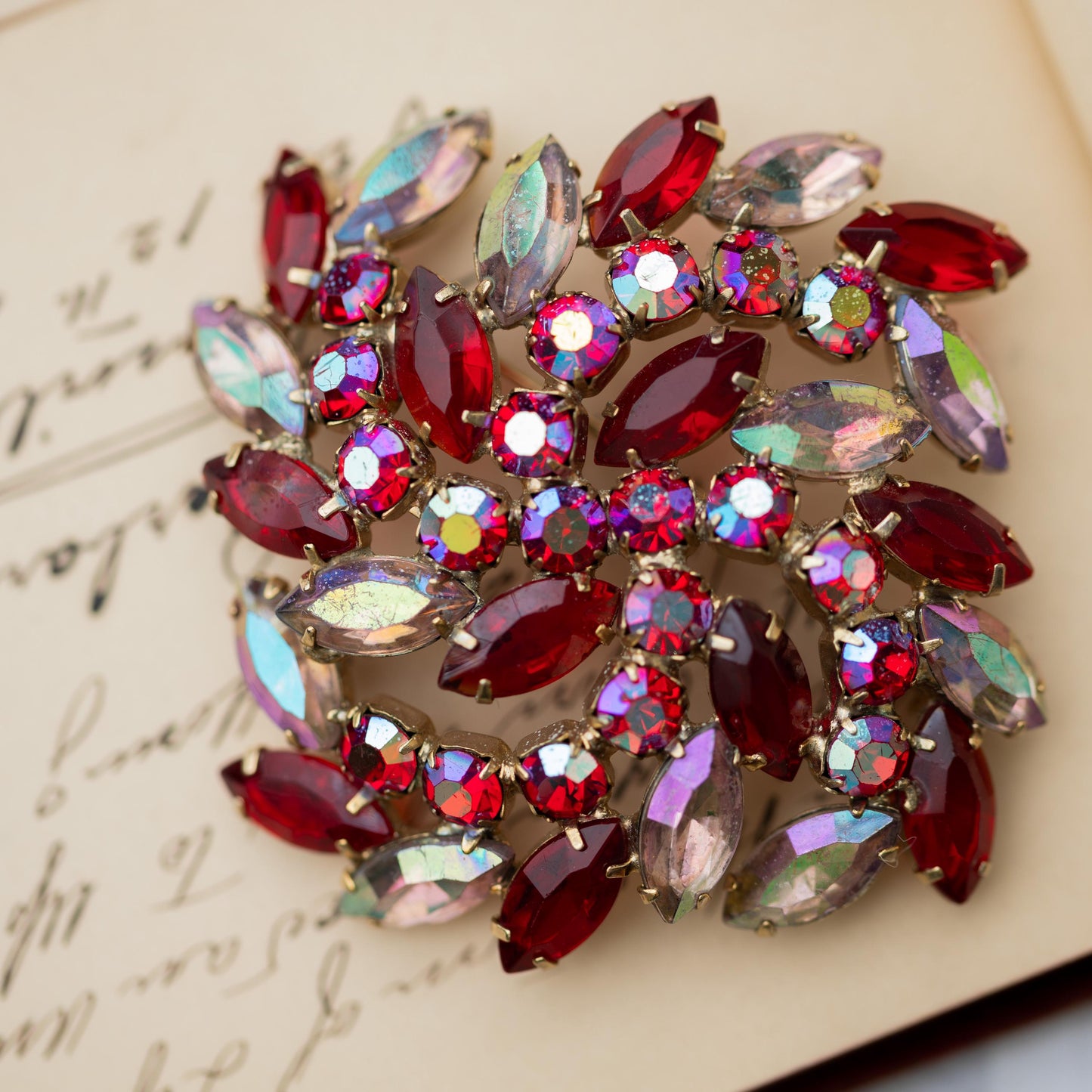 Vintage Brooch Rhinestone Red AB Gold Tone  Estate Jewelry