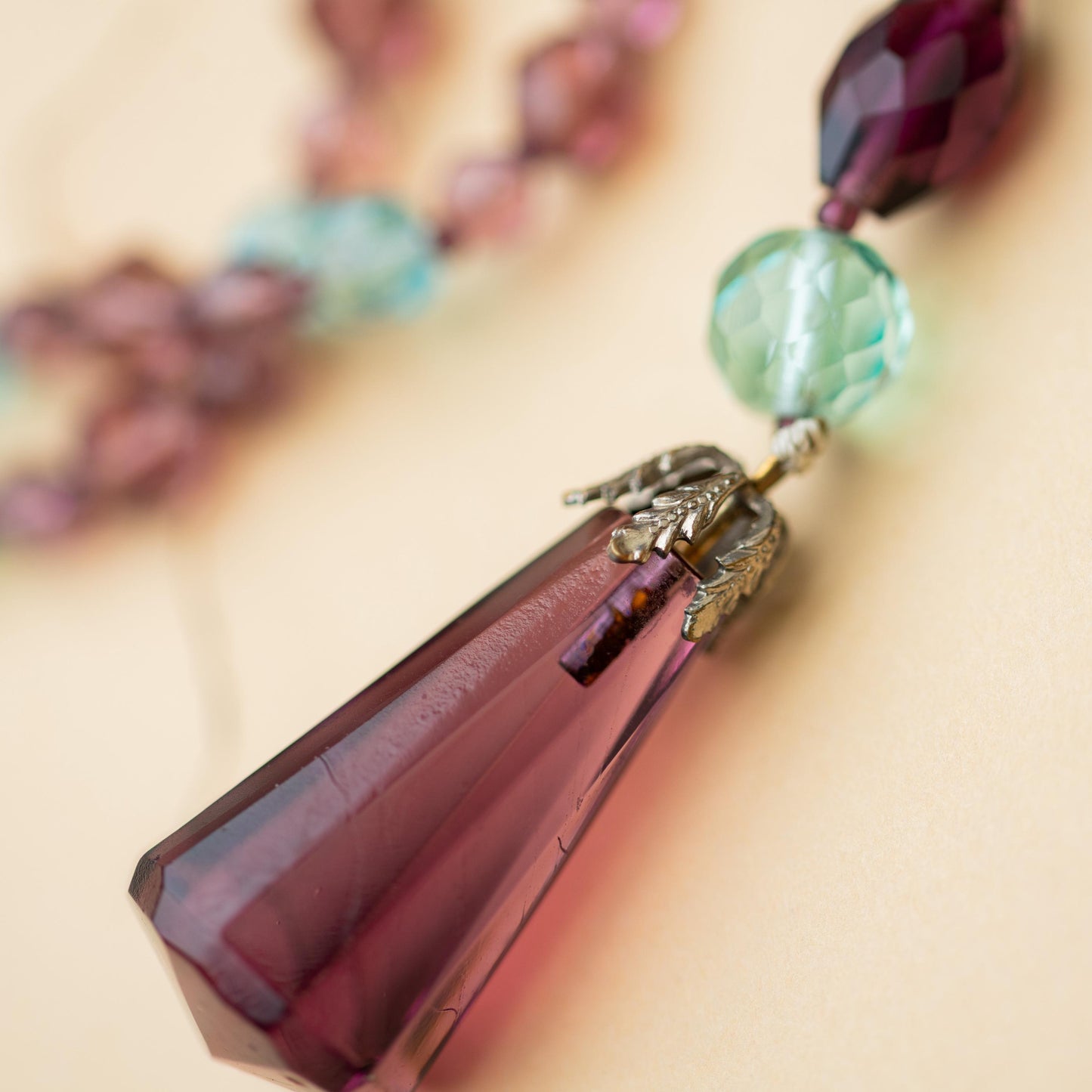 Vintage Jewelry Necklace Beaded Czech Purple Blue Glass Lariat Hand Knotted Estate