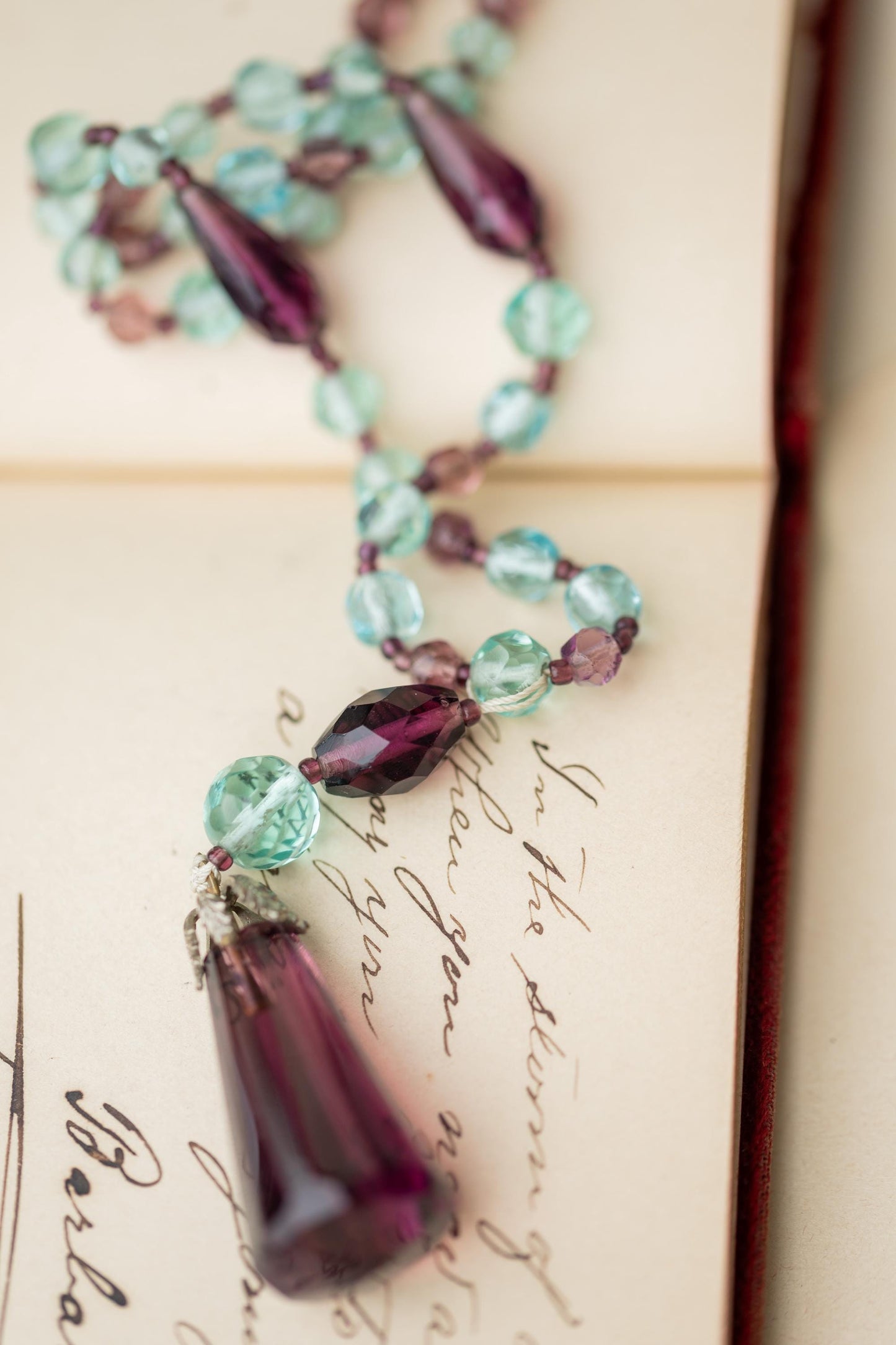 Vintage Jewelry Necklace Beaded Czech Purple Blue Glass Lariat Hand Knotted Estate