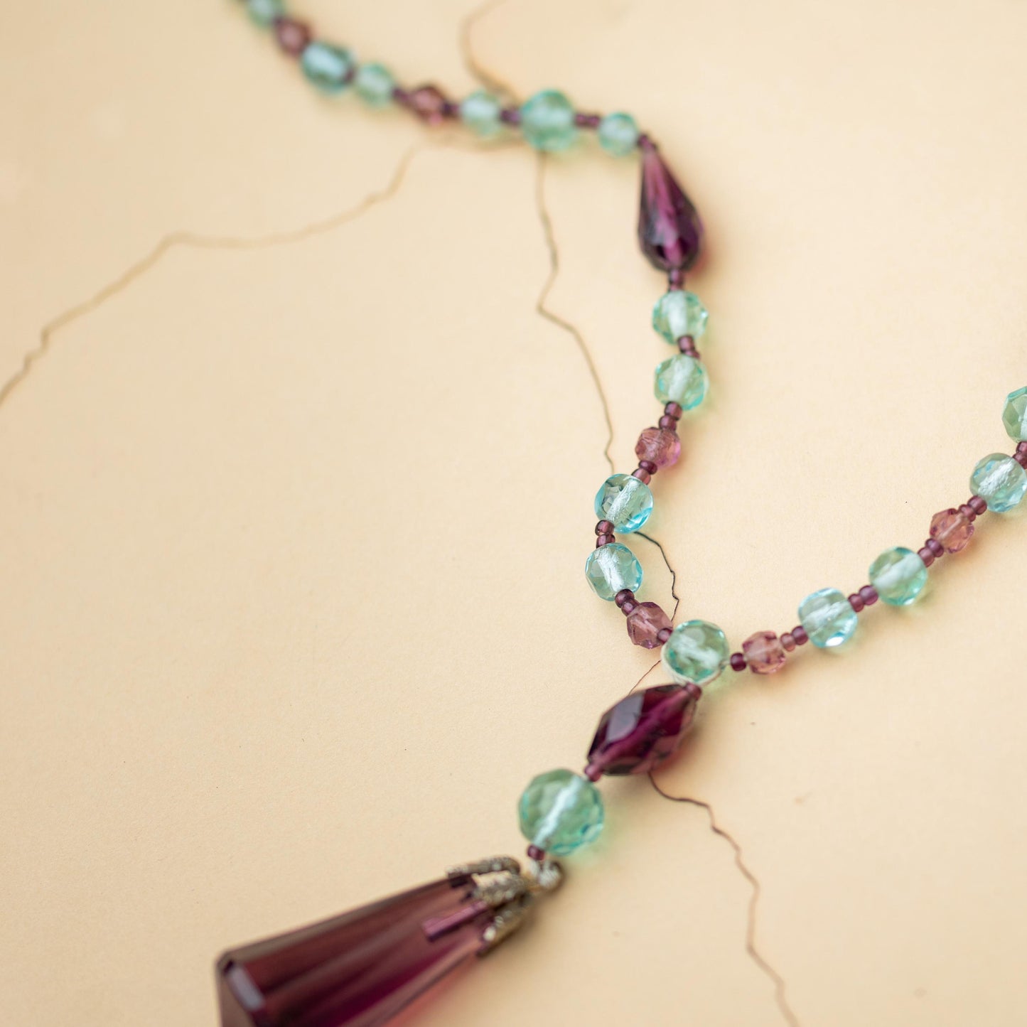 Vintage Jewelry Necklace Beaded Czech Purple Blue Glass Lariat Hand Knotted Estate