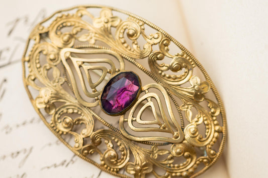 Antique Victorian Brooch Purple Glass Gold Tone C Clasp Vintage Estate Jewelry