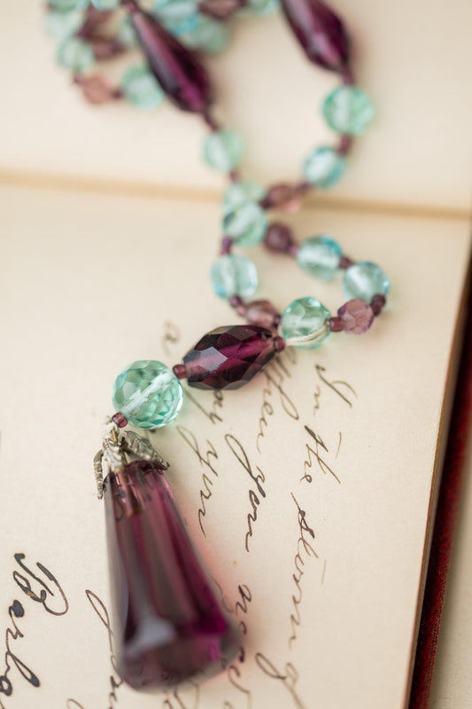 Vintage Jewelry Necklace Beaded Czech Purple Blue Glass Lariat Hand Knotted Estate