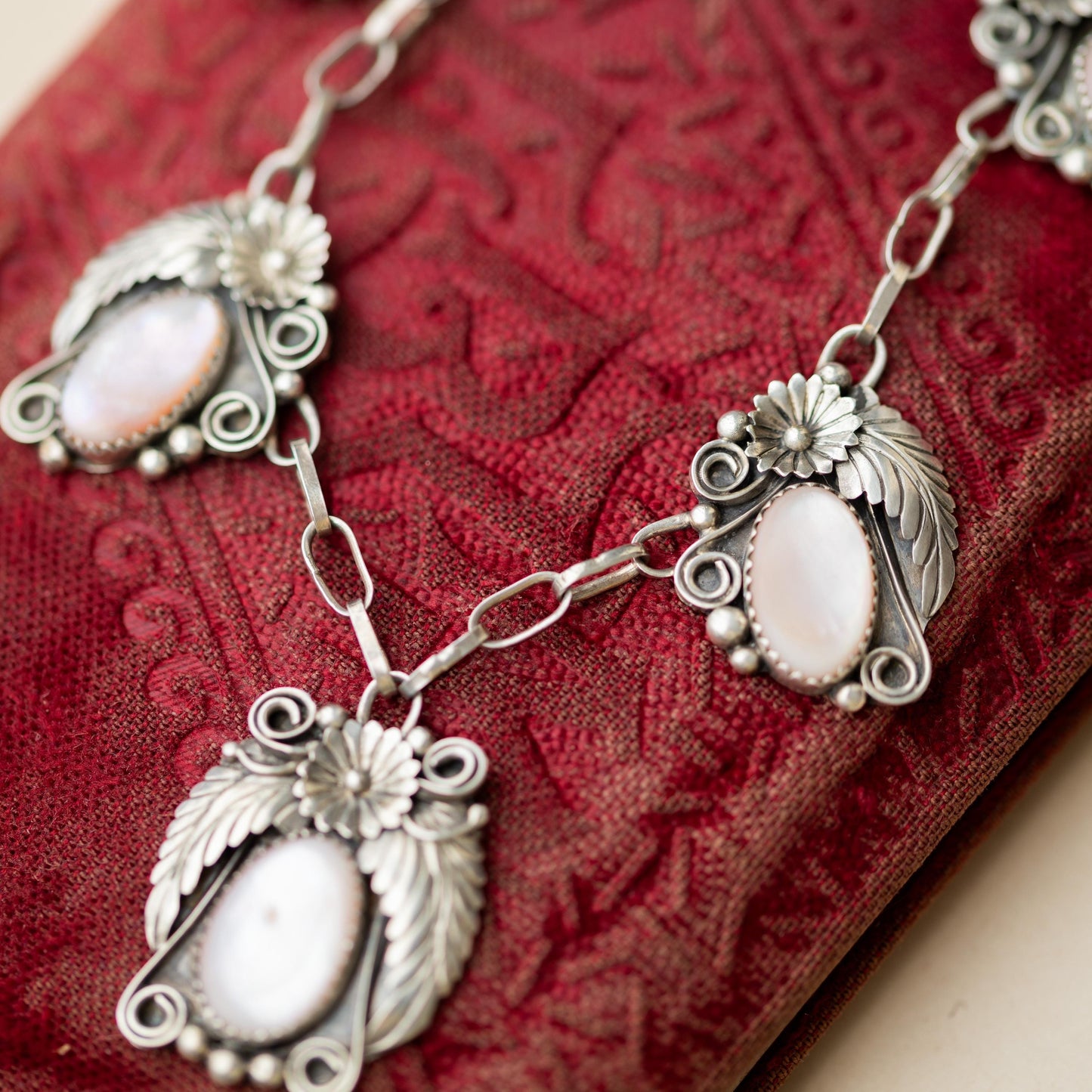 Vintage Sterling Necklace Silver Mother of Pearl Pendant JY Signed Native American Estate Jewelry