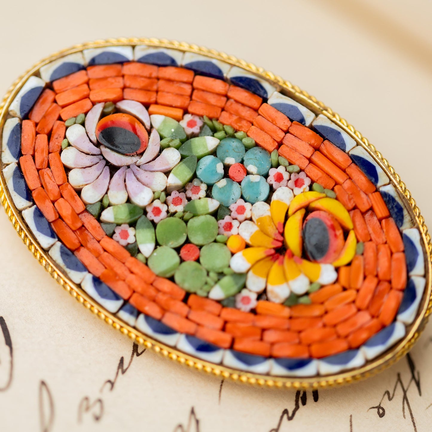 Vintage Jewelry Micro Mosaic Brooch Orange Floral Gold Tone Signed Italy Estate