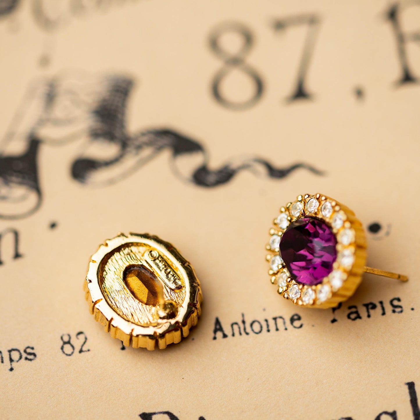 Vintage Earrings Christian Dior - Gold Tone Amethyst Rhinestone Estate Jewelry