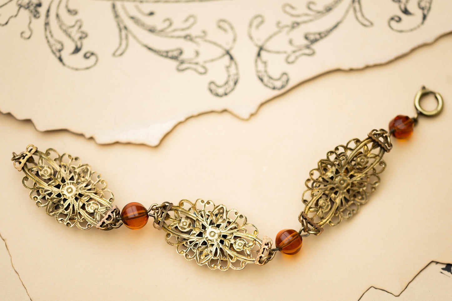 Vintage Jewelry Czech Amber Glass Filigree Brass Bracelet