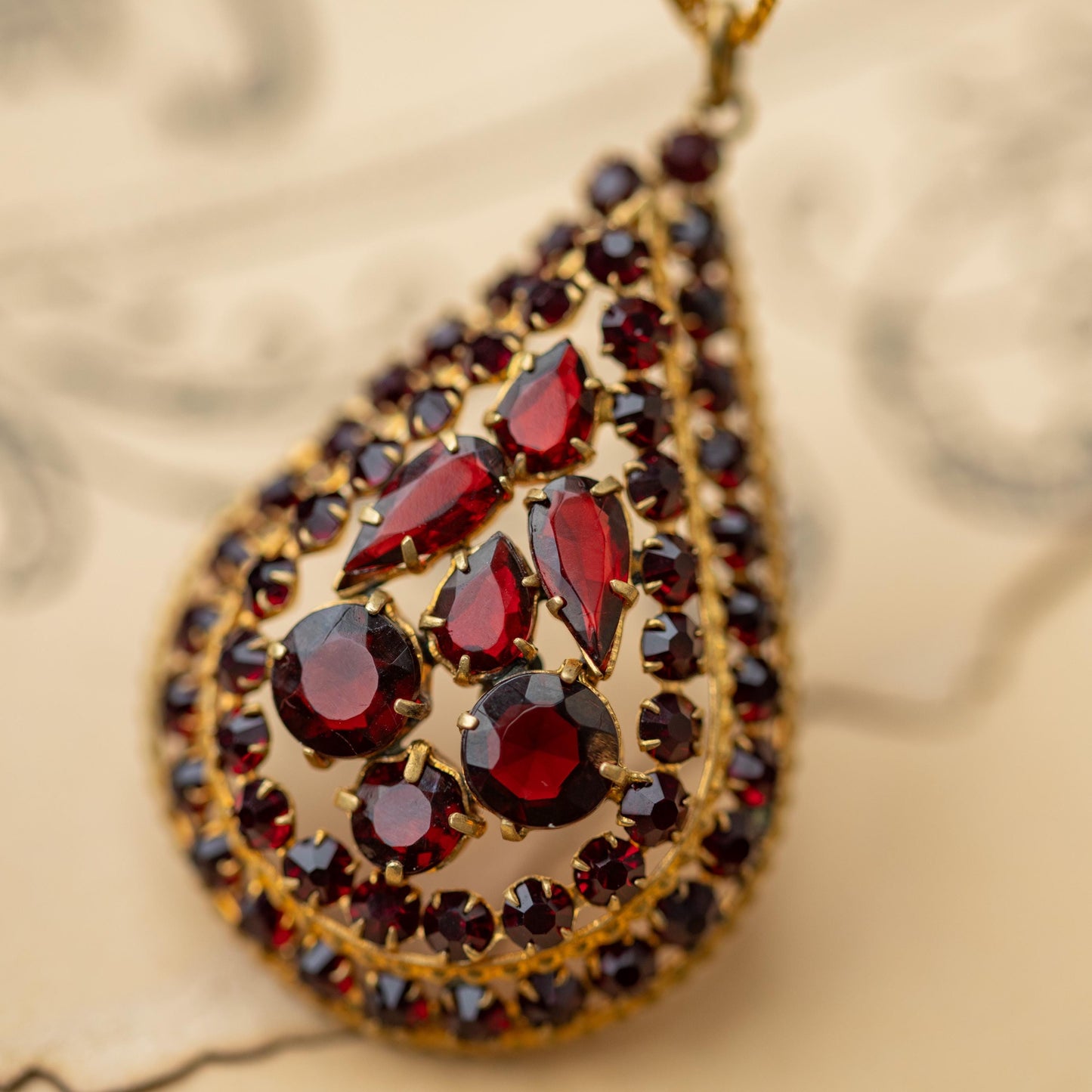 Czechoslovakia Red Glass Statement Necklace Signed Vintage Estate Jewelry