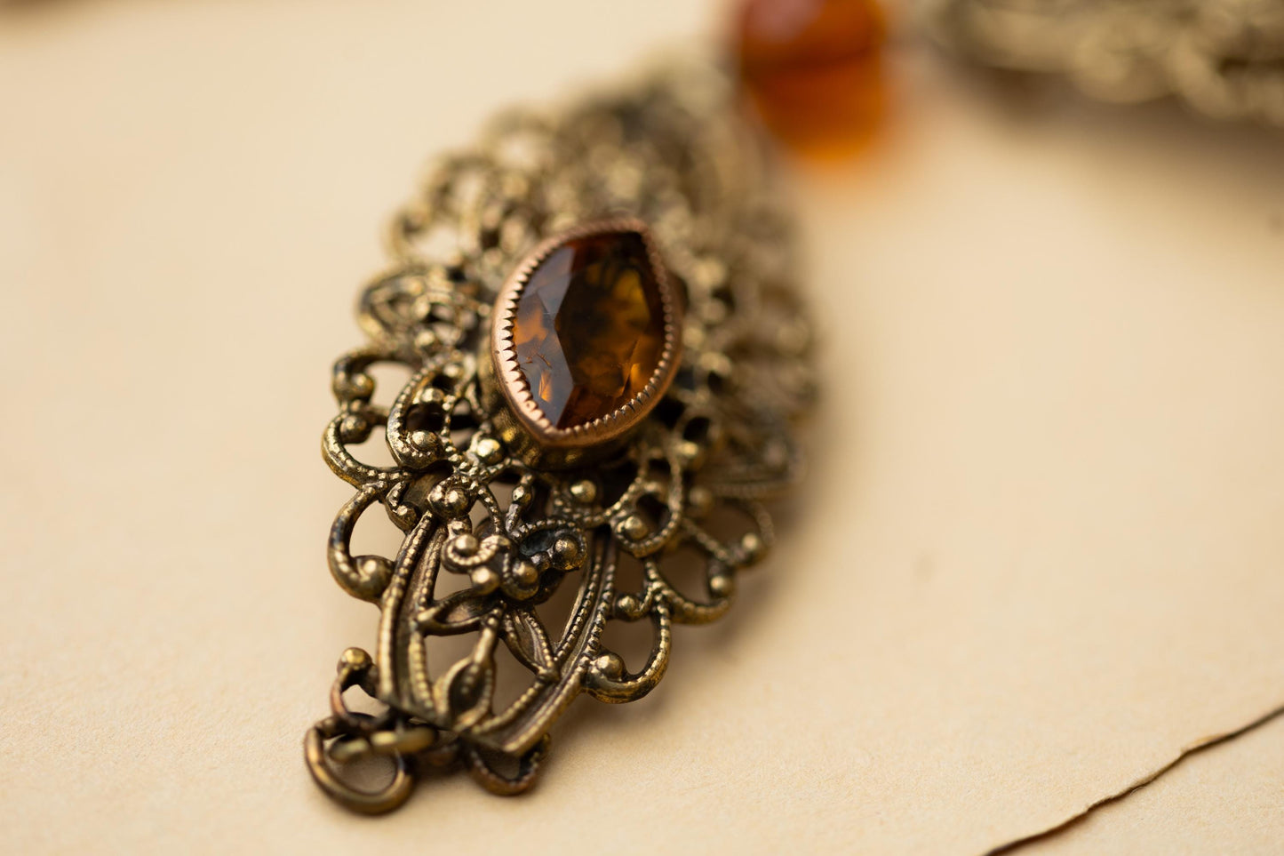 Vintage Jewelry Czech Amber Glass Filigree Brass Bracelet