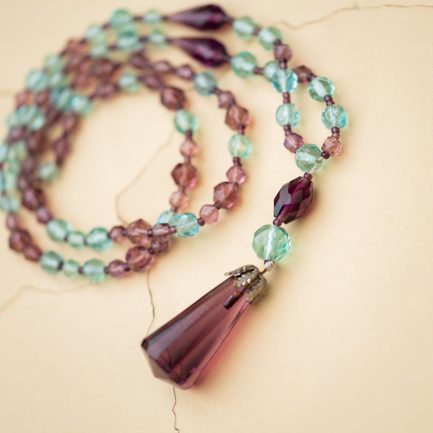 Vintage Jewelry Necklace Beaded Czech Purple Blue Glass Lariat Hand Knotted Estate