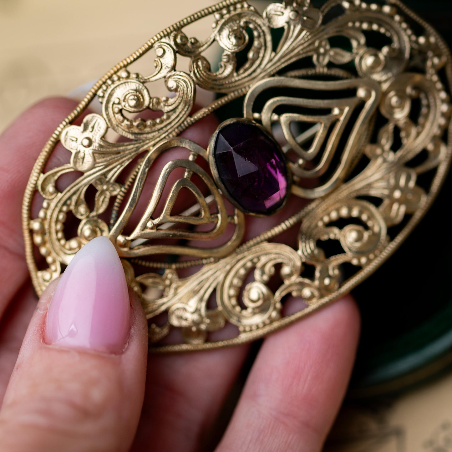 Antique Victorian Brooch Purple Glass Gold Tone C Clasp Vintage Estate Jewelry