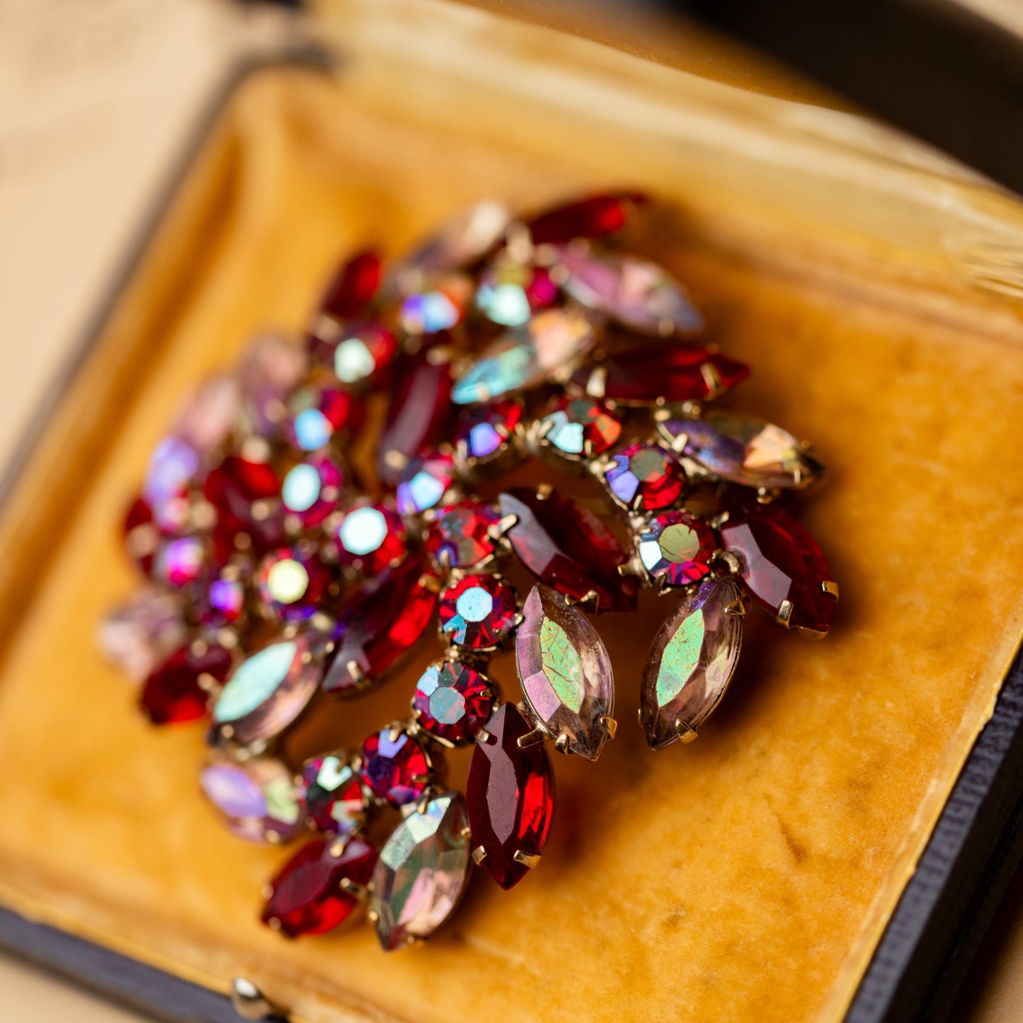 Vintage Brooch Rhinestone Red AB Gold Tone  Estate Jewelry