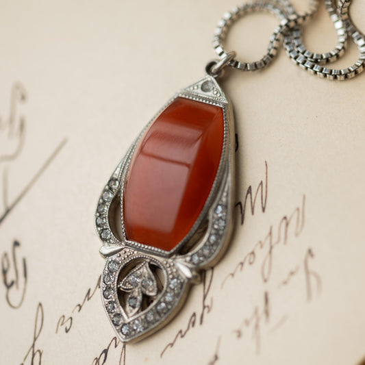 Vintage Estate Jewelry Necklace Art Deco Carnelian Pendant Sterling Silver Chain
