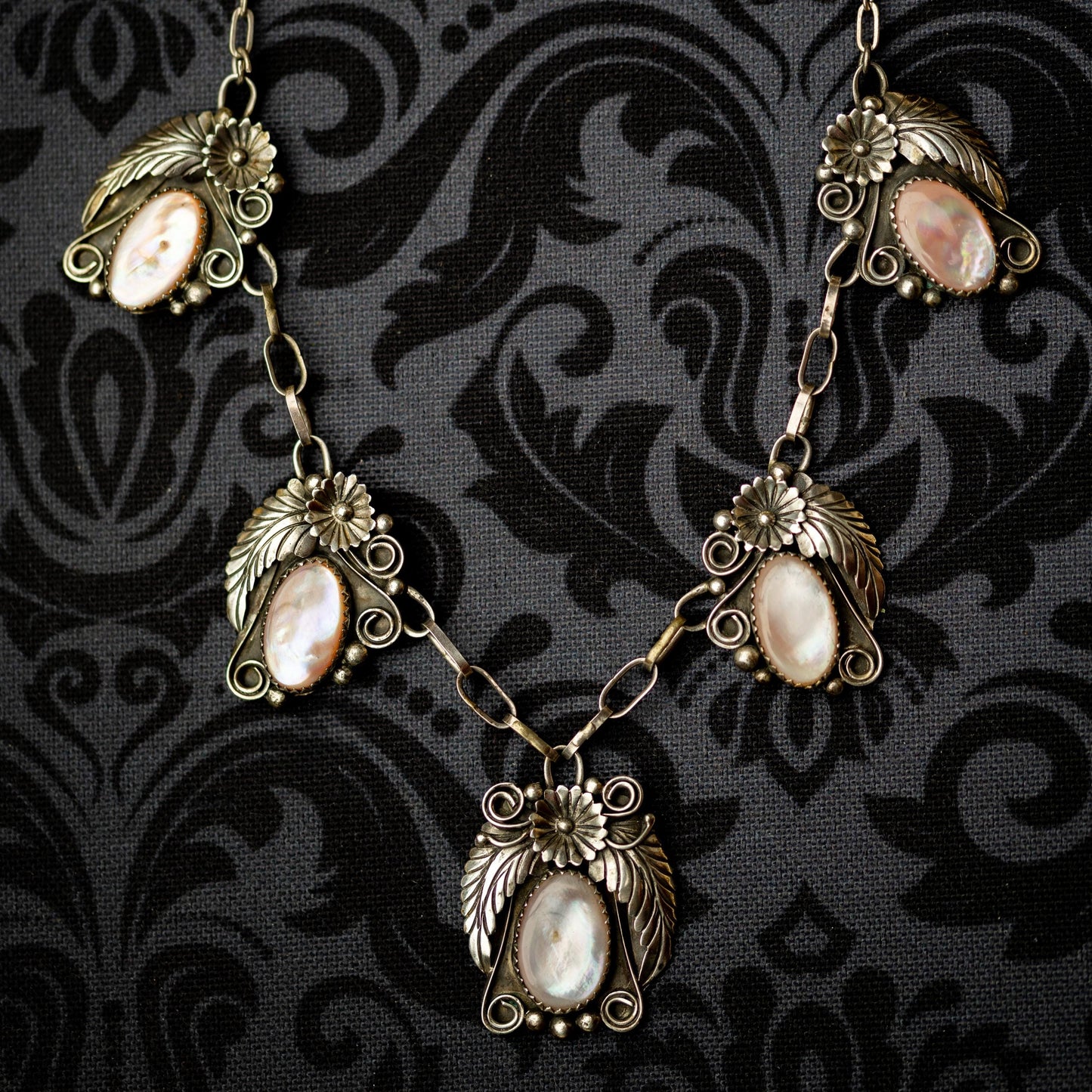 Vintage Sterling Necklace Silver Mother of Pearl Pendant JY Signed Native American Estate Jewelry
