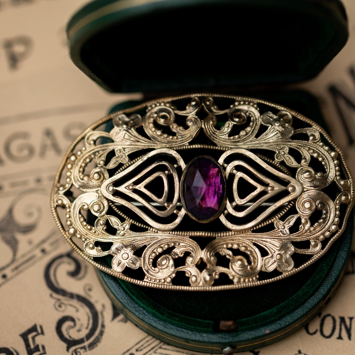 Antique Victorian Brooch Purple Glass Gold Tone C Clasp Vintage Estate Jewelry