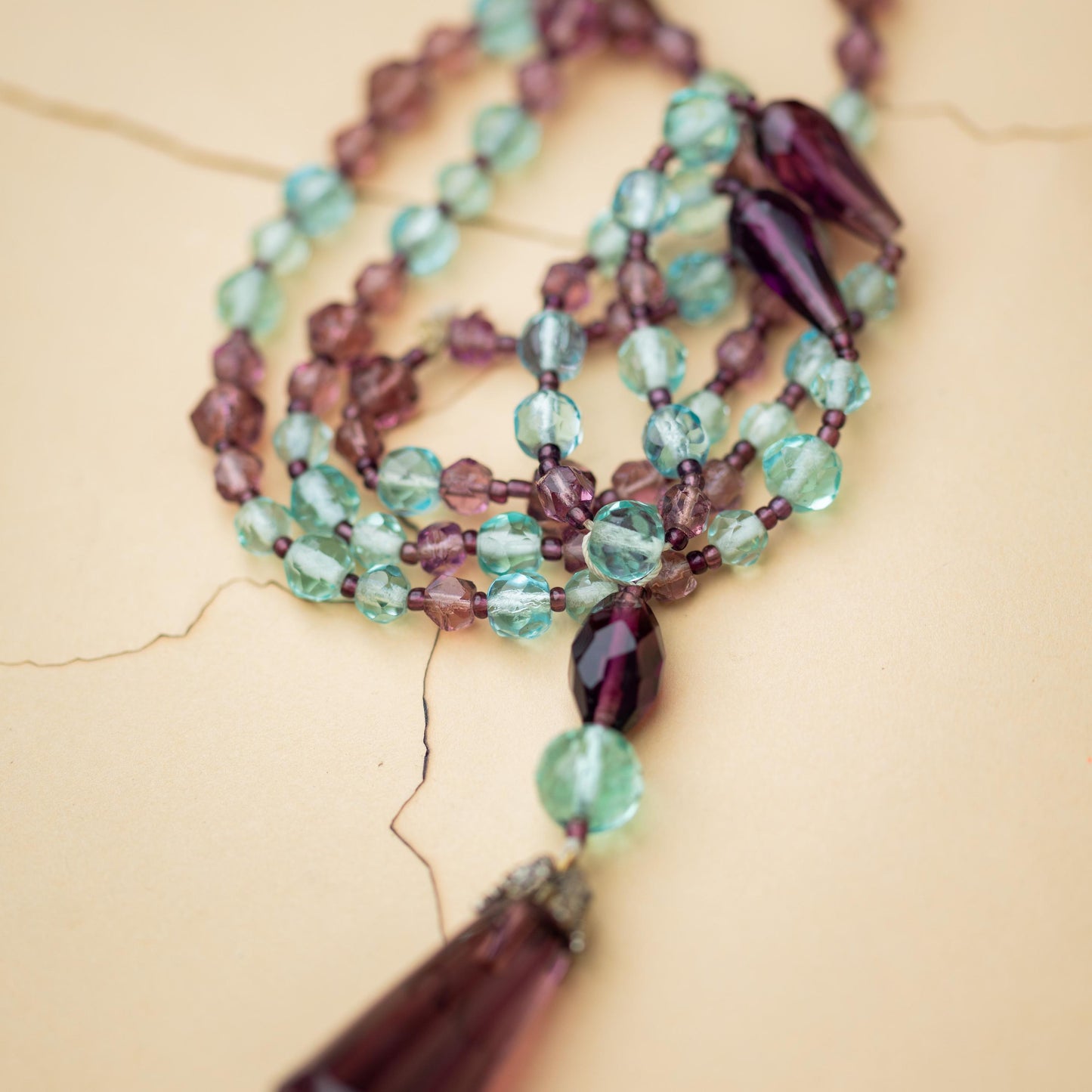 Vintage Jewelry Necklace Beaded Czech Purple Blue Glass Lariat Hand Knotted Estate