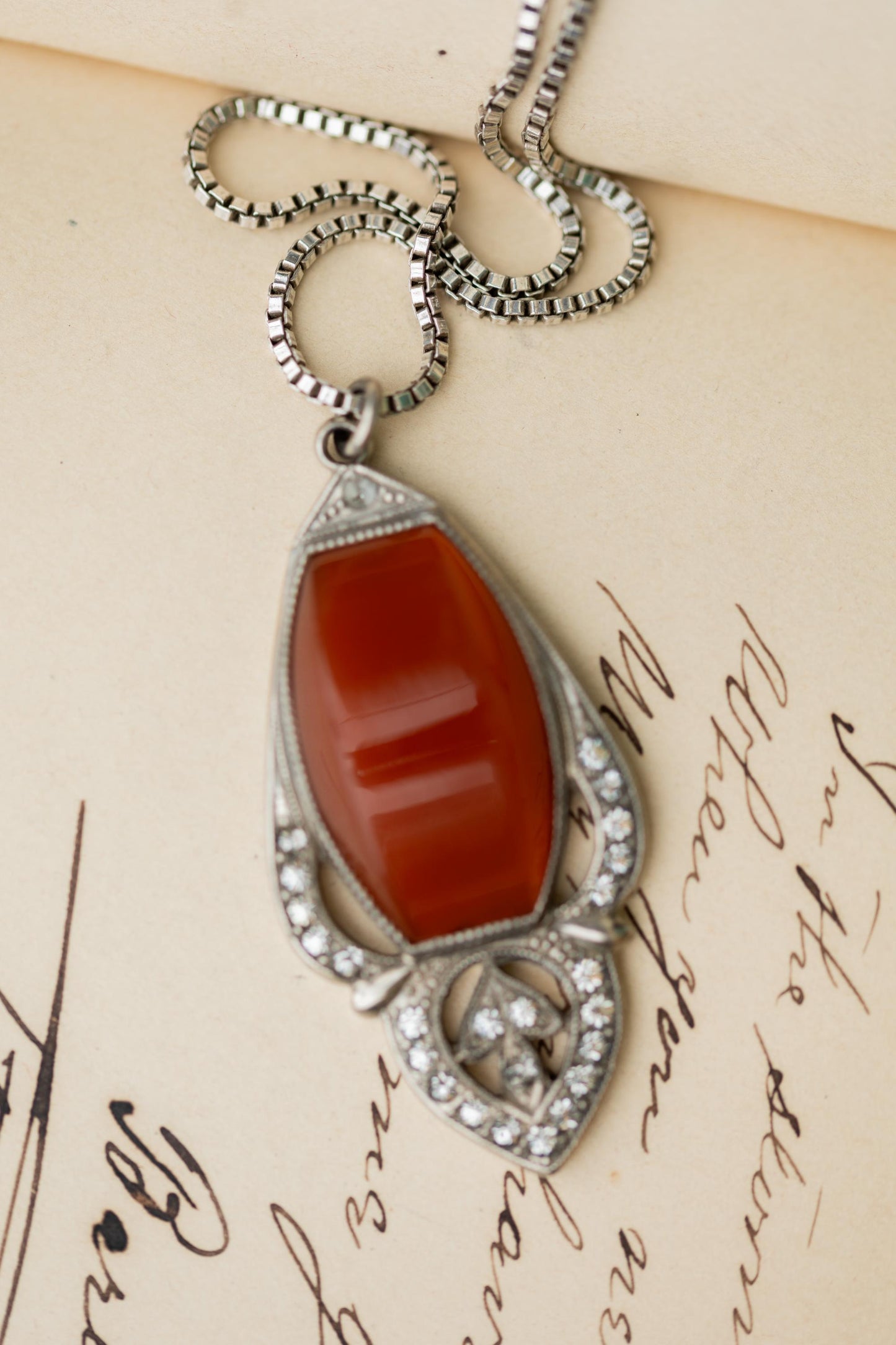 Vintage Estate Jewelry Necklace Art Deco Carnelian Pendant Sterling Silver Chain