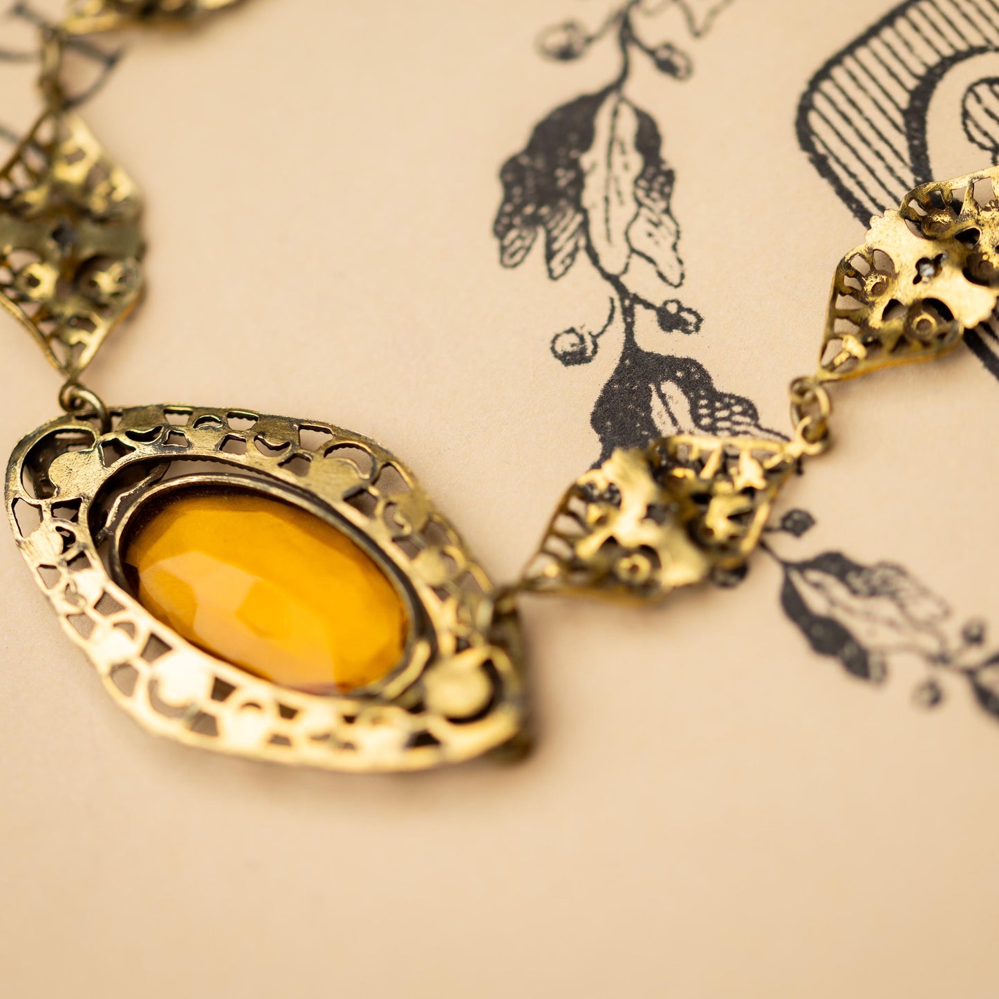Antique Necklace Czech Amber Glass Filigree Vintage Estate Jewelry