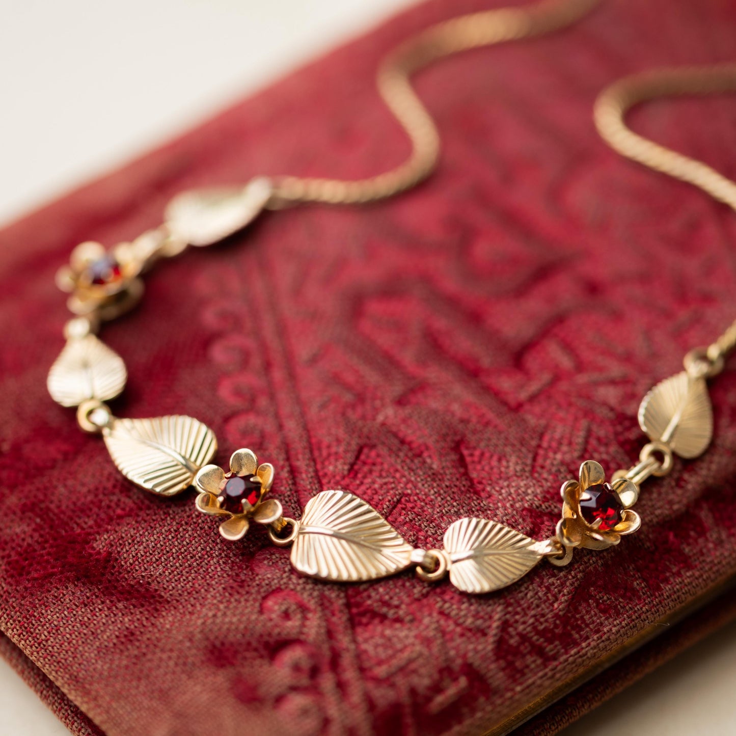 Gold Filled Necklace Red Rhinestone 1950s Vintage Estate Jewelry