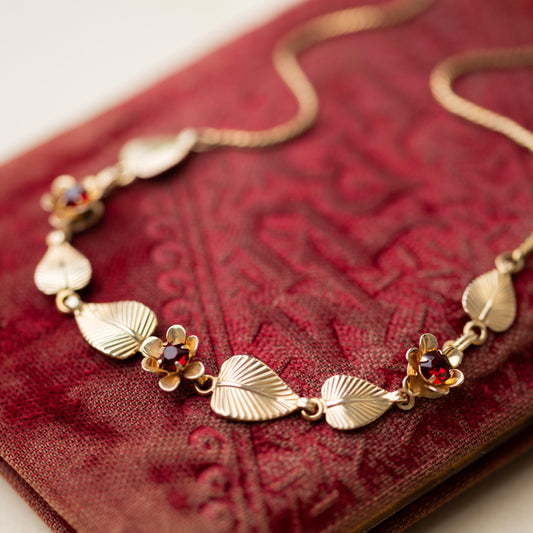 Gold Filled Necklace Red Rhinestone 1950s Vintage Estate Jewelry