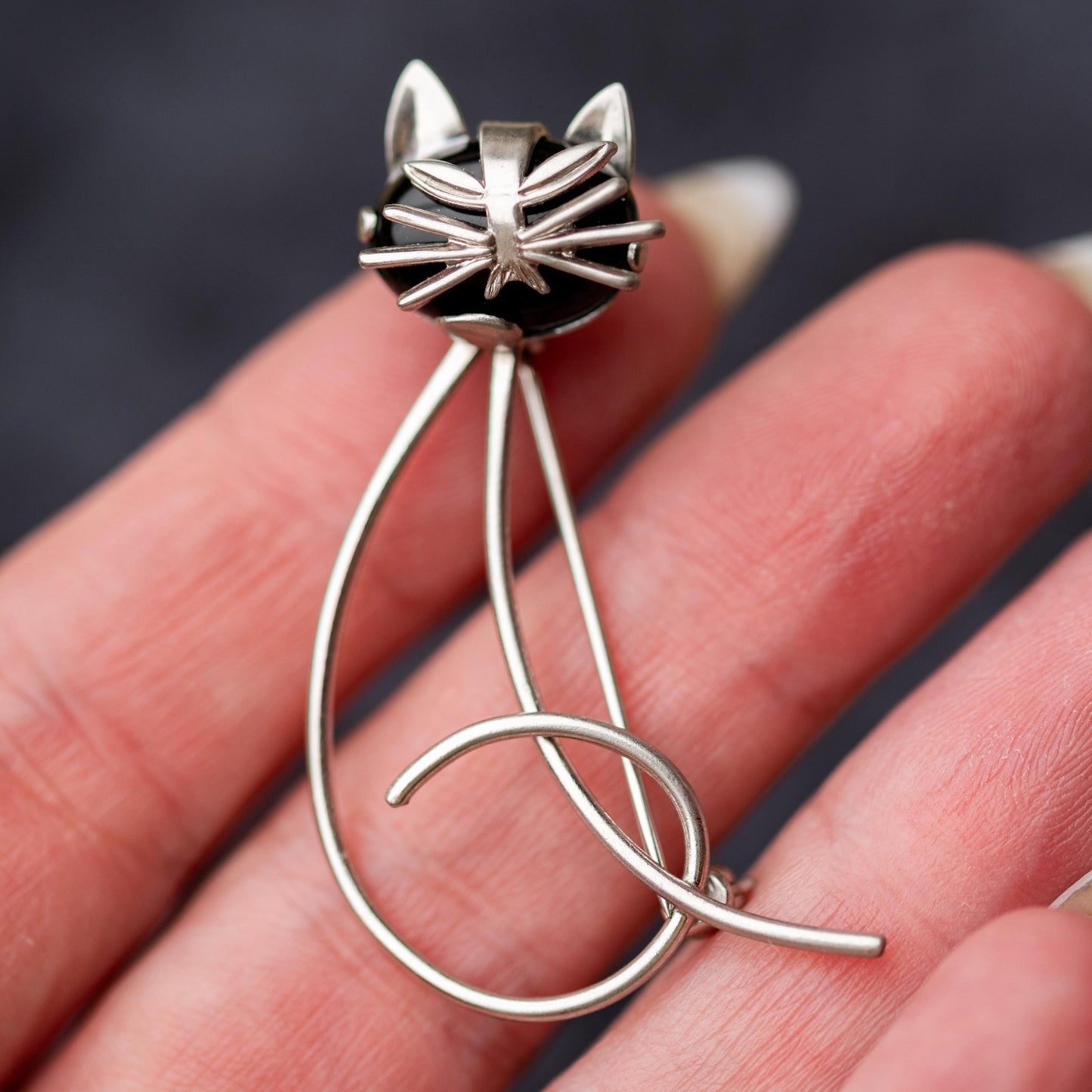 Vintage Jewelry Sterling Silver 925 Onyx Cat Brooch Beau
