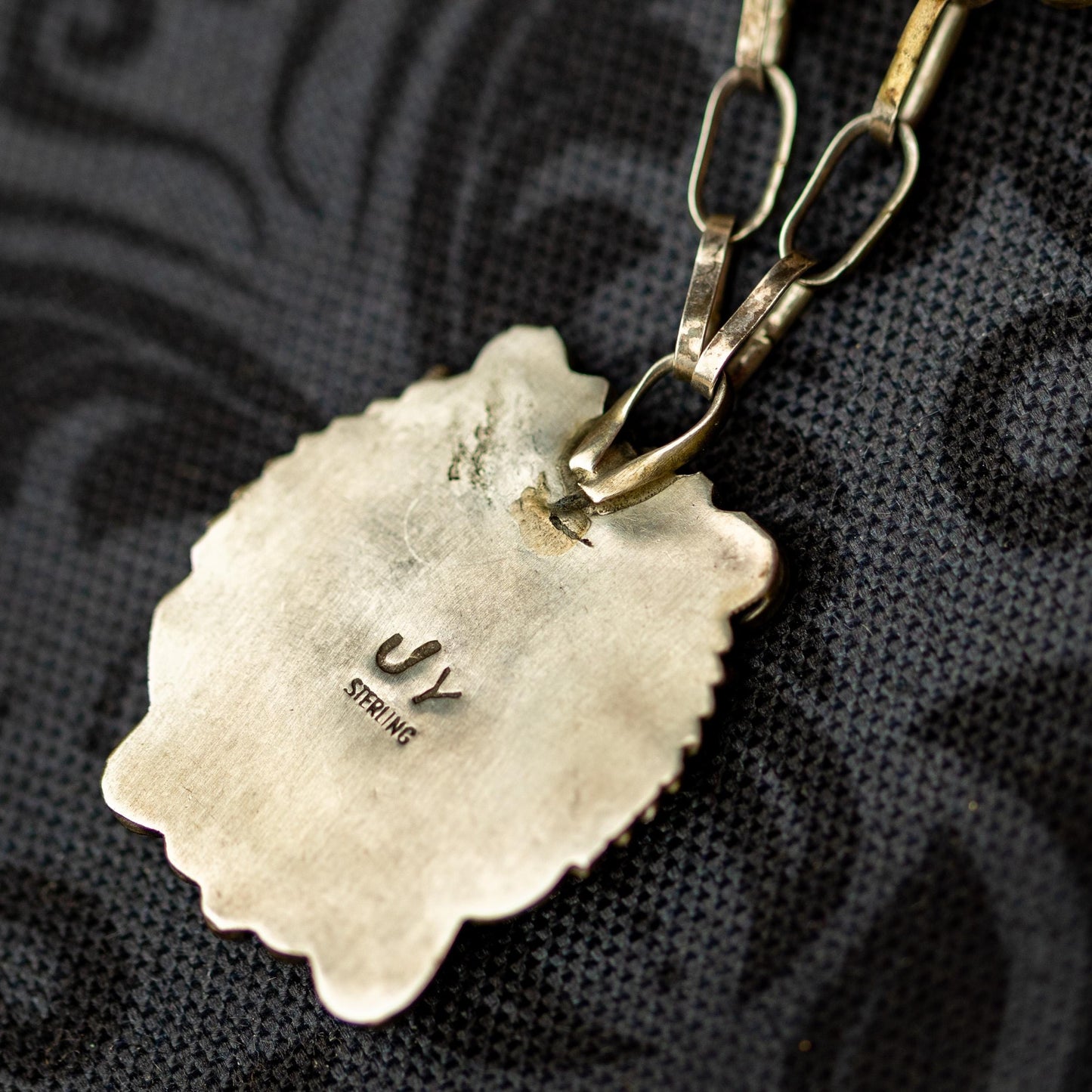Vintage Sterling Necklace Silver Mother of Pearl Pendant JY Signed Native American Estate Jewelry